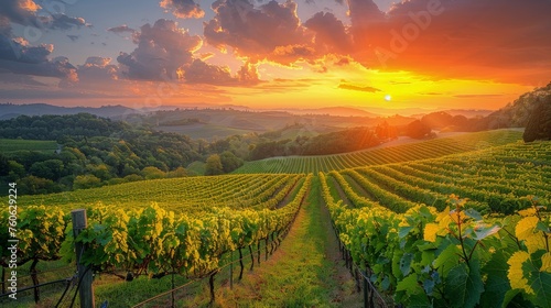 Sun Setting Over Large Vineyard