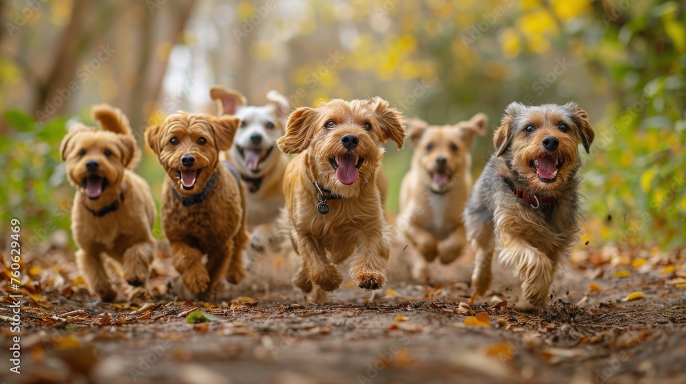 Group of Dogs Running Down Dirt Road
