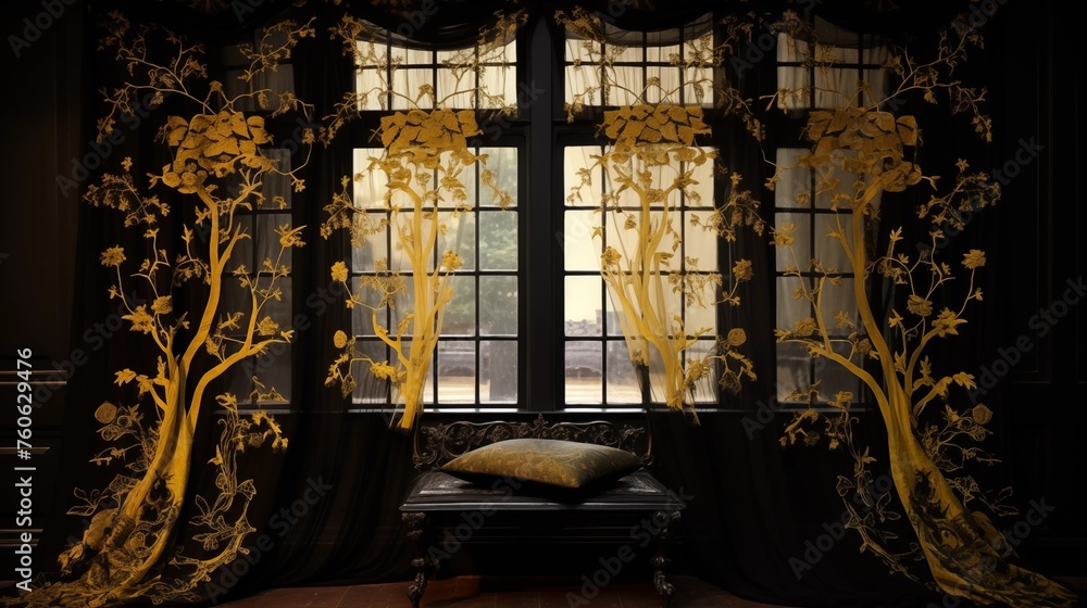 Hang black sheer curtains with yellow embroidery for a touch of elegance.