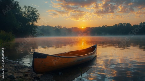 Canoe Resting on Lakeshore at Sunset