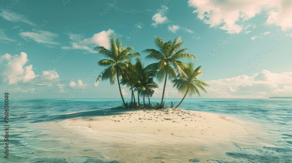 A serene image of a small island with palm trees in the middle of the ocean. Ideal for travel and nature concepts A serene image of a small island with palm trees in the middle of the ocean. Ideal for travel and nature concepts