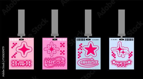 Plastic badges id card badges in a futuristic style. Press, guest, staff. Identification cards on a string, entrance ticket, pass 