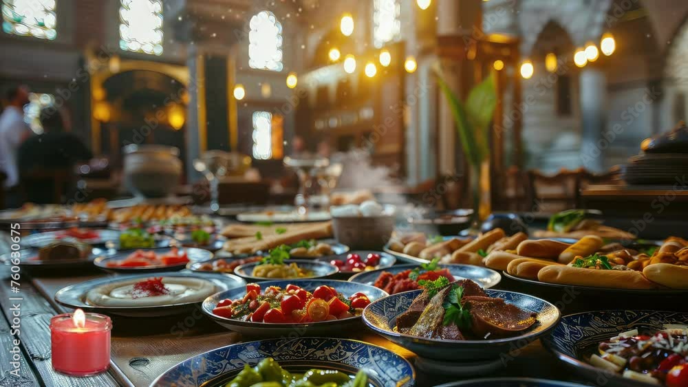 Animation Food on table in the mosque courtyard. seamless 4k video background. generated with ai Animation Food on table in the mosque courtyard. seamless 4k video background. generated with ai