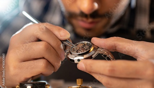 Close-up of the watchmaker's hands delicately repairing the watch. Generated with AI