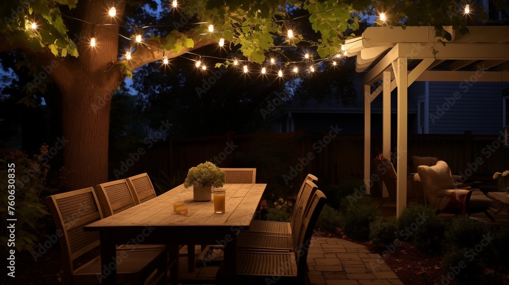 Hang string lights overhead for ambiance and to extend outdoor enjoyment into the evening.