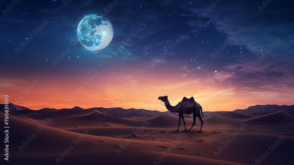 a camel amidst the desert in the evening with the glowing crescent moon of Ramadan in the sky