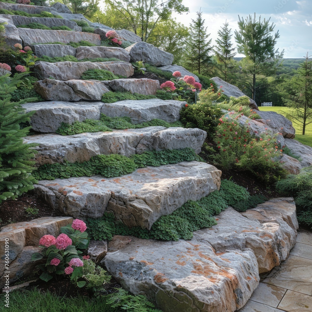 A symphony of stone steps and vibrant flowers graces the Zen-style rock garden, revealing an exquisite tapestry of beauty.