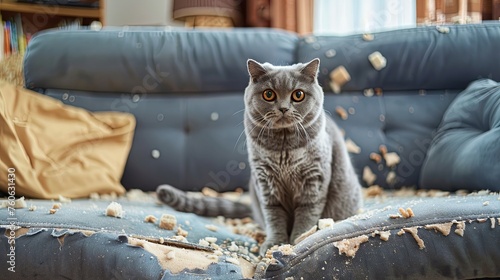 Cat scratch damaged sofa furniture wallpaper background photo