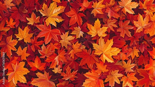  Vibrant fall leaves seamless pattern. Autumnal design for print and textile. Seasonal foliage concept with rich colors. 