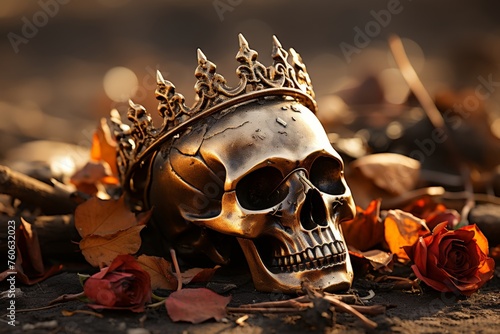 Dark and dramatic skull with gold crown and flowers, cryengine style chiaroscuro portrait