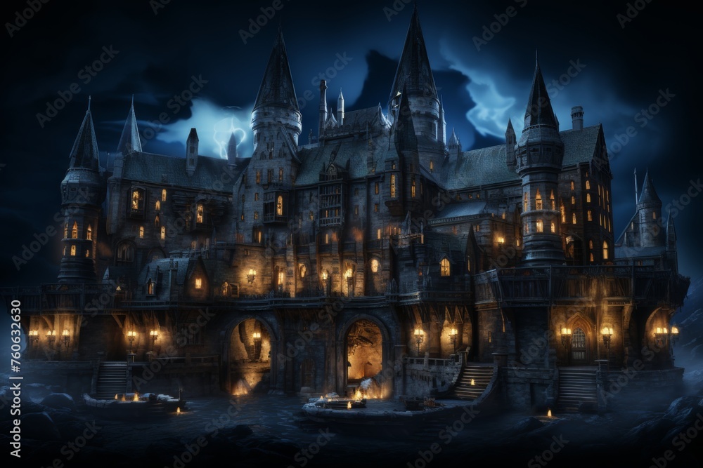 Sinister castle on hill  dark animated gifs with symbolism by maleev, hinchel,   robison - obrazy, fototapety, plakaty 