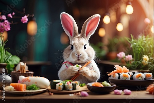 Easter bunny eating tasty sushi , restaurant background