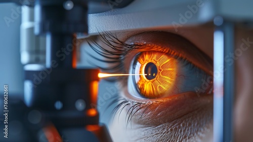 Laser vision correction. Close-up of a female eye with laser beam aimed at the pupil. Ophtalmology concept photo
