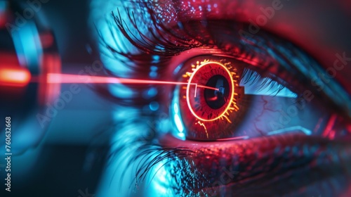Laser vision correction. Close-up of a female eye with laser beam aimed at the pupil. Ophtalmology concept