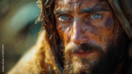 A detailed view of a Jesus Christ face featuring striking blue eyes.