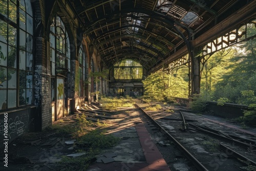 Desolate Abandoned rail station. Iron track design. Generate AI