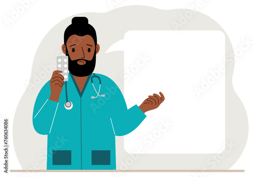 A male doctor holds pills in his hand. There is space for text next to it.