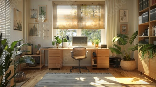 A cozy home office setup with natural light, plants, and a stylish ergonomic workspace, emphasizing productivity and well-being in remote work