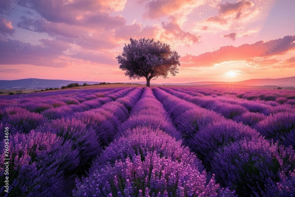 Tranquil Lavender field at sunset. Nature sky. Generate Ai - obrazy, fototapety, plakaty 