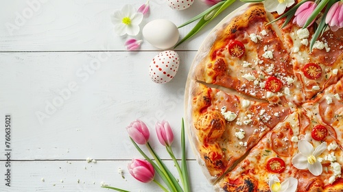 Easter pizza with colorful eggs and tulips on white wooden background with copy space