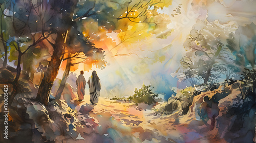 The disciples disbelief and joy upon encountering the risen Jesus on the road to Emmaus, with warm and inviting watercolor tones conveying the transformative moment. photo