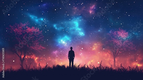 Mężczyzna w trakcie patrzenia na płonący las w oddali nocą. W tle widać gwiazdy.