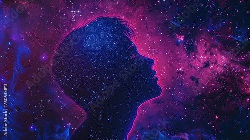 Czarna sylwetka głowy człowieka widoczna na tle gwiaździstego nieba. Kosmiczna przestrzeń w fioletowym klimacie.