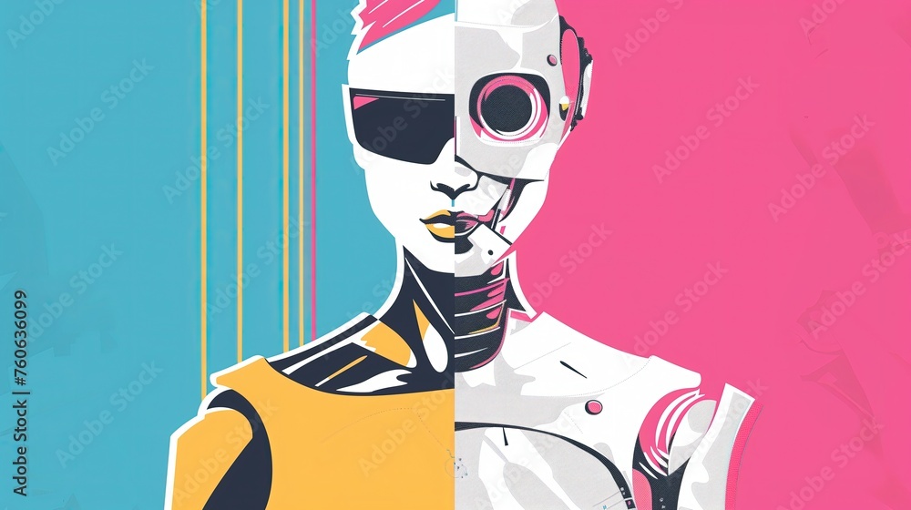 Dwie wersje przyszłości, po lewej kobieta w różowych włosach, po drugiej stronie robot płci żeńskiej. - obrazy, fototapety, plakaty 