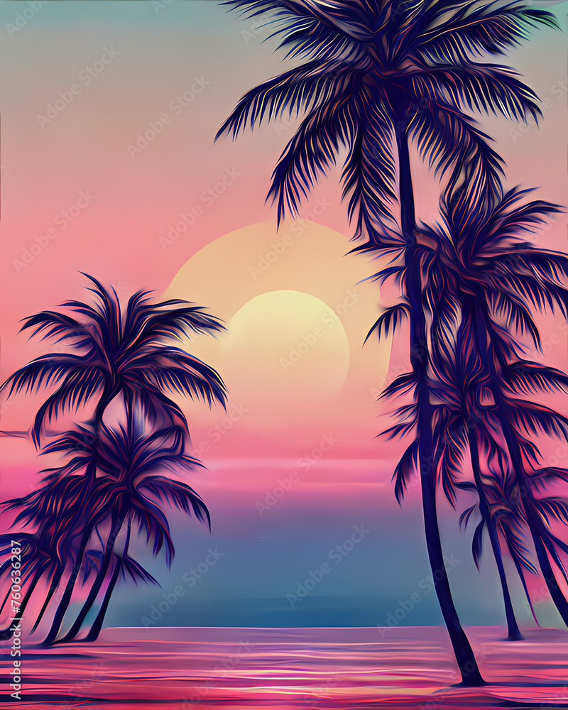 sunset, beach, palm, tree, tropical, sea, sky, ocean, summer, sun, landscape, silhouette, sunrise, nature, island, palm tree, vector, travel, water, palms, illustration, evening, vacation, paradise, c