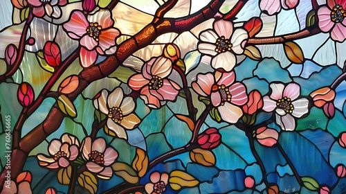 Bliskie ujęcie kolorowego witraża z kwiatowym motywem, które stanowi sztukę witrażową.