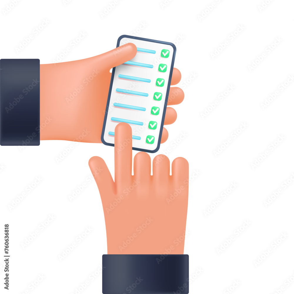 Checklist on the phone in the user's hand, 3d style for graphic design. Phone in hands in vector cartoon comic style. Checklist on the phone in the user's hand, 3d style for graphic design. Phone in hands in vector cartoon comic style.