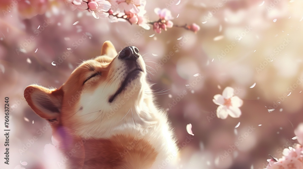 Pies Shiba Inu delektuje się zapachem wiosennych kwiatów latających wokół niego otaczając go.  - obrazy, fototapety, plakaty 