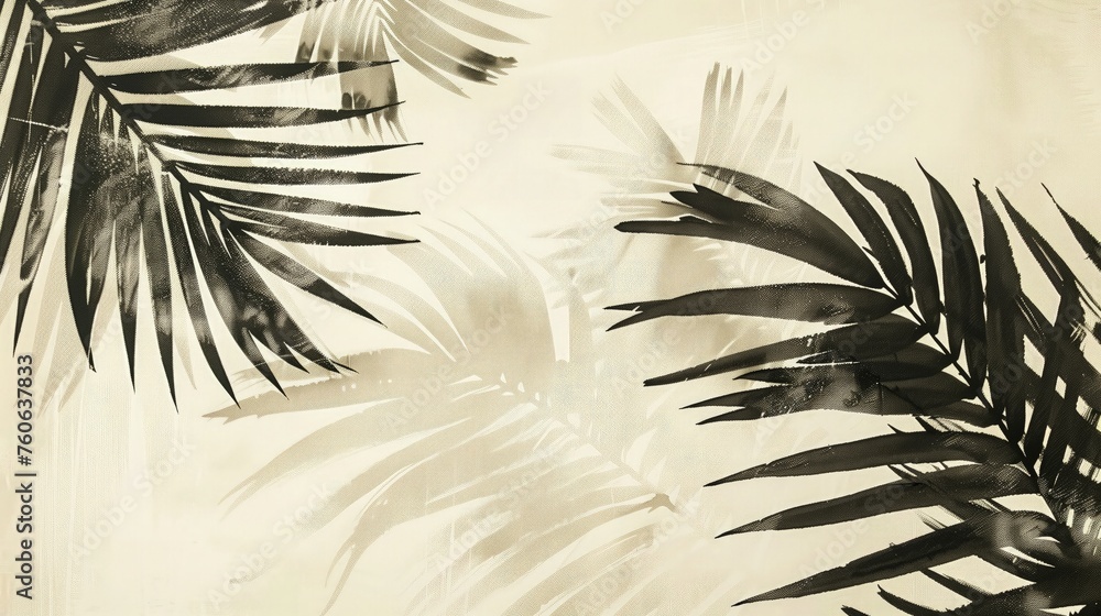Czarno szare liście palmowe na tle białego papieru. Liście są w różnych kształtach i rozmiarach, tworząc interesujący wzór. Obraz prezentuje delikatne detale liści z lekko wyblakłym atramentem - obrazy, fototapety, plakaty 