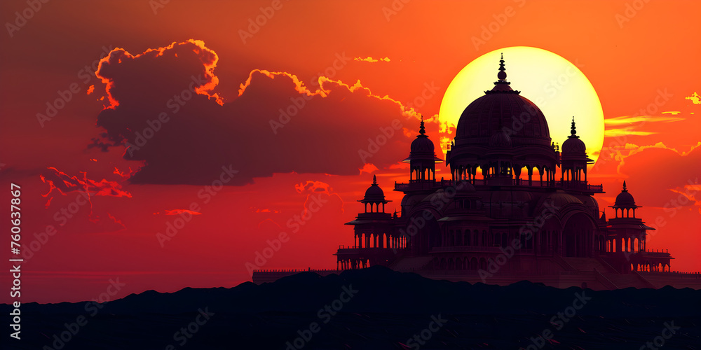 Mosque Illustration with Islamic Background,Enchanting Sunset View