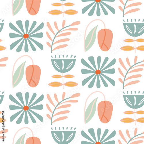 Mid century floral and botanical seamless pattern. Pastel colors pattern of tulip, leaf, flower, daisy photo