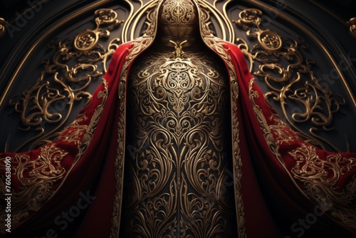 Gothic photobashing art with enigmatic figure in red and gold suit, intricate machine aesthetics