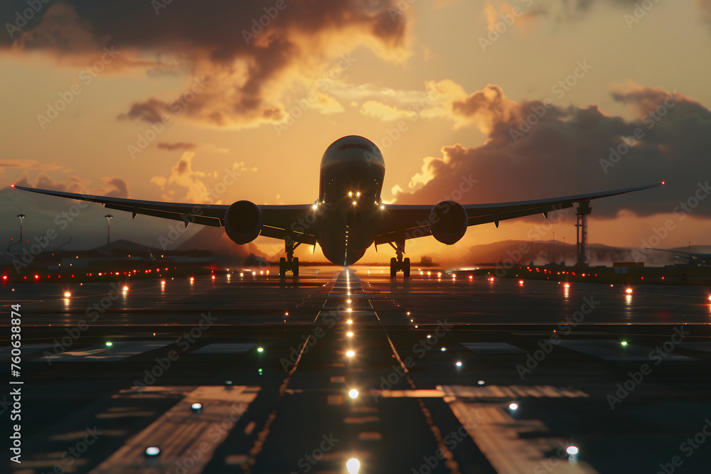 Flugzeug im Sonnenaufgang: Spektakuläre Luftaufnahme eines startenden Flugzeugs während des Morgendämmers - obrazy, fototapety, plakaty 