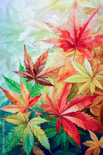 Watercolor painting depicting International Marijuana Day through bright and juicy vertical cannabis leaves. The concept of application in medicine and pharmacology