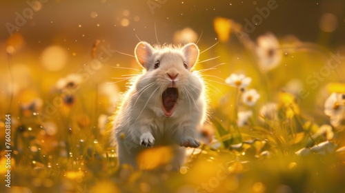 Biały szczur skacze radośnie z otwartą paszczą wśród żółtych kwiatów mniszka. Scena jesiennego szaleństwa i zabawy. #760638864
