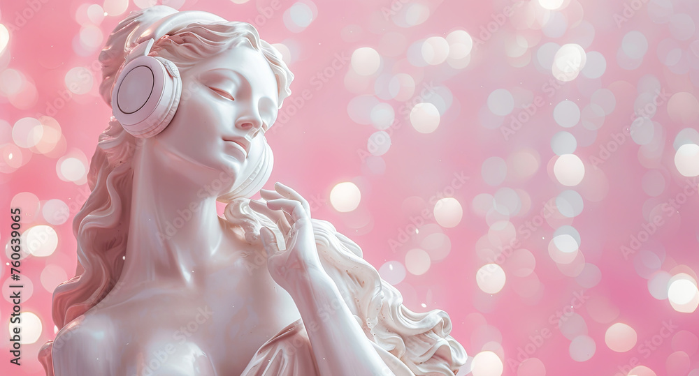 Greek goddess statue wearing headphones listening to music, pink background with lights