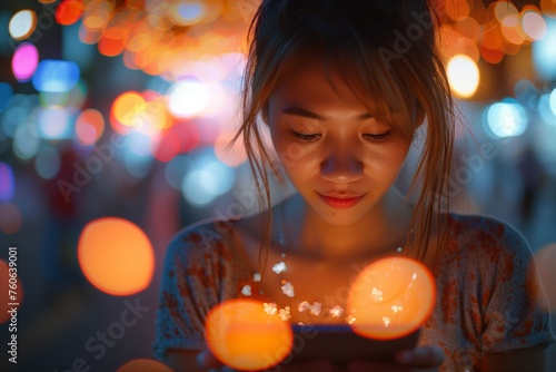 Woman engrossed in smartphone, vibrant bokeh lights create a festive blur, capturing an intimate urban moment. Absorbed in mobile screen, backdrop of luminous orbs colors the scene