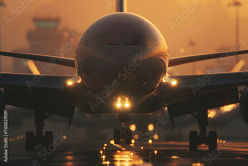 Flugzeug im Sonnenaufgang: Spektakuläre Luftaufnahme eines startenden Flugzeugs während des Morgendämmers photo