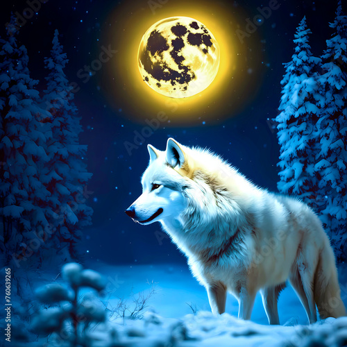 wallpaper with a wolf, a wolf in a winter forest on a full moon