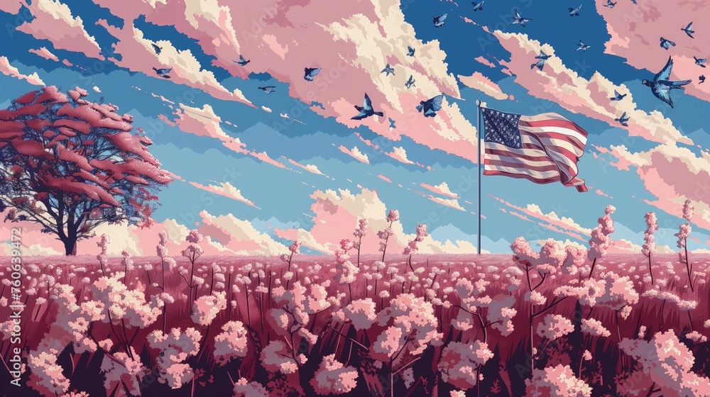 W malowidle widzimy flagę amerykańską rozpostartą na tle pola różowych kwiatów. Jest to nawiązanie do patriotycznej tematyki. - obrazy, fototapety, plakaty 