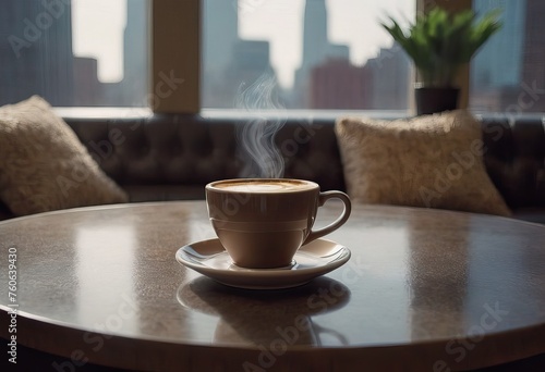 cup of hot coffee and tea on wood table besides window