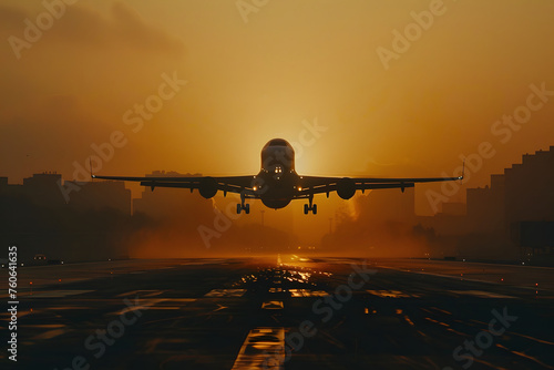 Flugzeug im Sonnenaufgang: Spektakuläre Luftaufnahme eines startenden Flugzeugs während des Morgendämmers