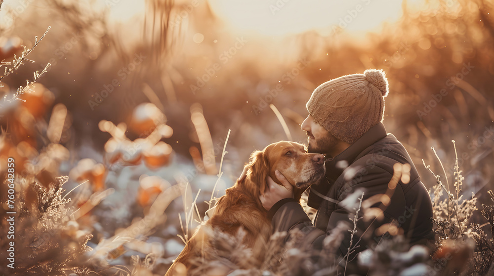 Fototapeta premium Joyful Family Bonding with Their Beloved Dog in Nature