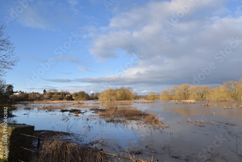 the flooded landscape at Pershore at the beginning of the year 2024