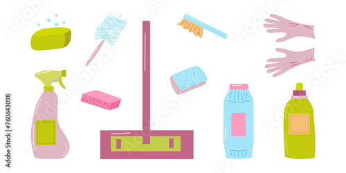 Cleaning service supplies and cleaning product set. Chemicals and equipment for sanitary treatment. For poster cleaning company household chemicals store. Vector illustration.
