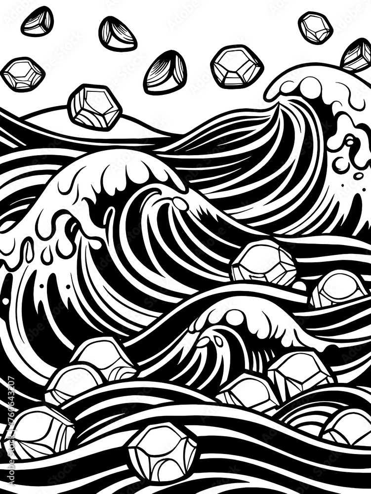 Monochrome Ocean Waves and Gemstones Line Art
